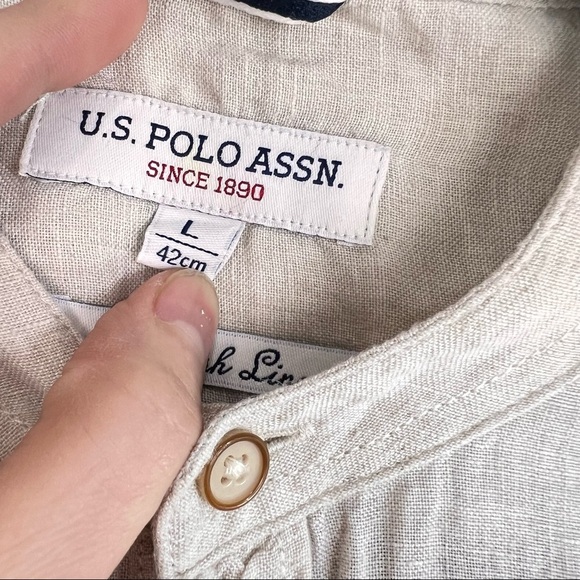 Ralph Lauren US Polo ASSN Irish Linen Button Down Beige Mandarin Collar Sz L EUC - Picture 8 of 12